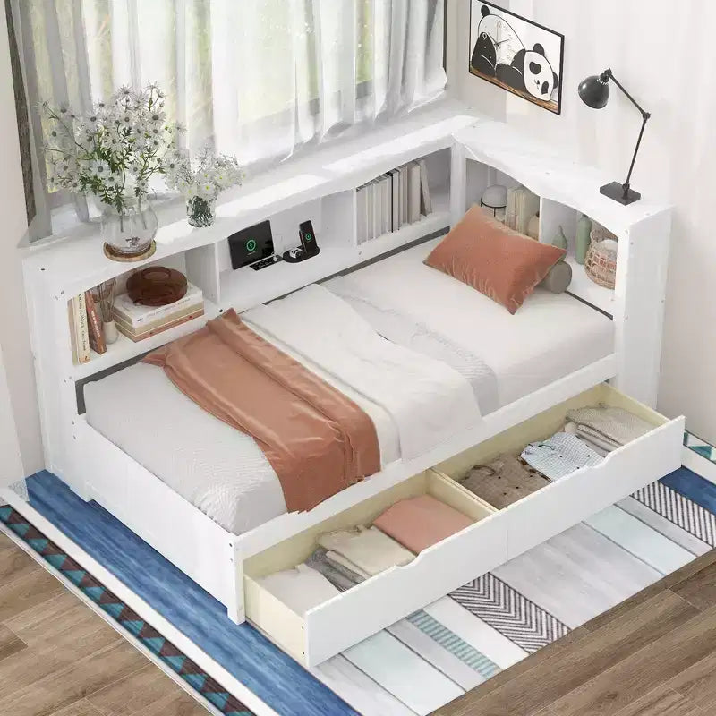 Letto a giorno singolo bianco con cassetti contenitore e porte USB, 1 persona