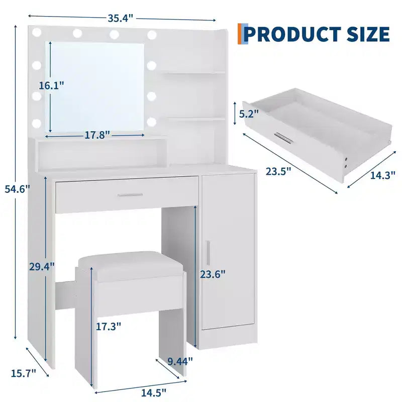 Toeletta con specchio, set tavolo da trucco con sgabello imbottito in PU, cassetto grande e armadietto e porta asciugacapelli, tavolo da trucco moderno per camera da letto