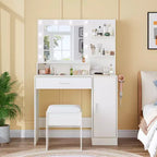 Toeletta con specchio, set tavolo da trucco con sgabello imbottito in PU, cassetto grande e armadietto e porta asciugacapelli, tavolo da trucco moderno per camera da letto