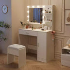 Toeletta con specchio, set tavolo da trucco con sgabello imbottito in PU, cassetto grande e armadietto e porta asciugacapelli, tavolo da trucco moderno per camera da letto
