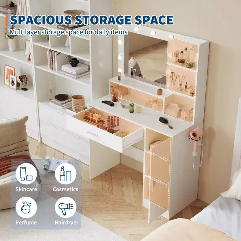 Toeletta con specchio, set tavolo da trucco con sgabello imbottito in PU, cassetto grande e armadietto e porta asciugacapelli, tavolo da trucco moderno per camera da letto