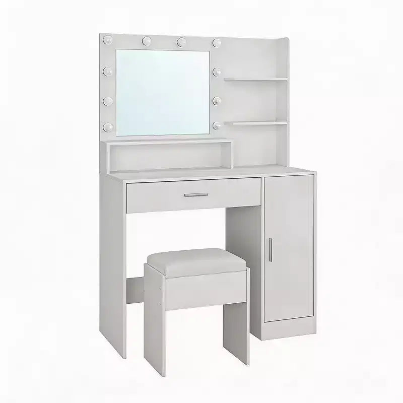 Toeletta con specchio, set tavolo da trucco con sgabello imbottito in PU, cassetto grande e armadietto e porta asciugacapelli, tavolo da trucco moderno per camera da letto