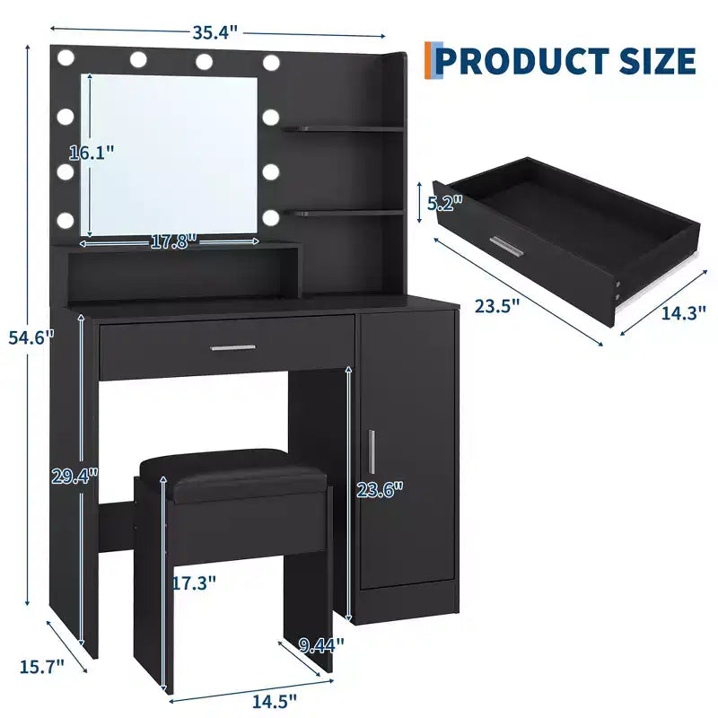 Toeletta con specchio, set tavolo da trucco con sgabello imbottito in PU, cassetto grande e armadietto e porta asciugacapelli, tavolo da trucco moderno per camera da letto