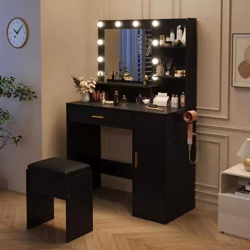 Toeletta con specchio, set tavolo da trucco con sgabello imbottito in PU, cassetto grande e armadietto e porta asciugacapelli, tavolo da trucco moderno per camera da letto