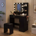 Toeletta con specchio, set tavolo da trucco con sgabello imbottito in PU, cassetto grande e armadietto e porta asciugacapelli, tavolo da trucco moderno per camera da letto