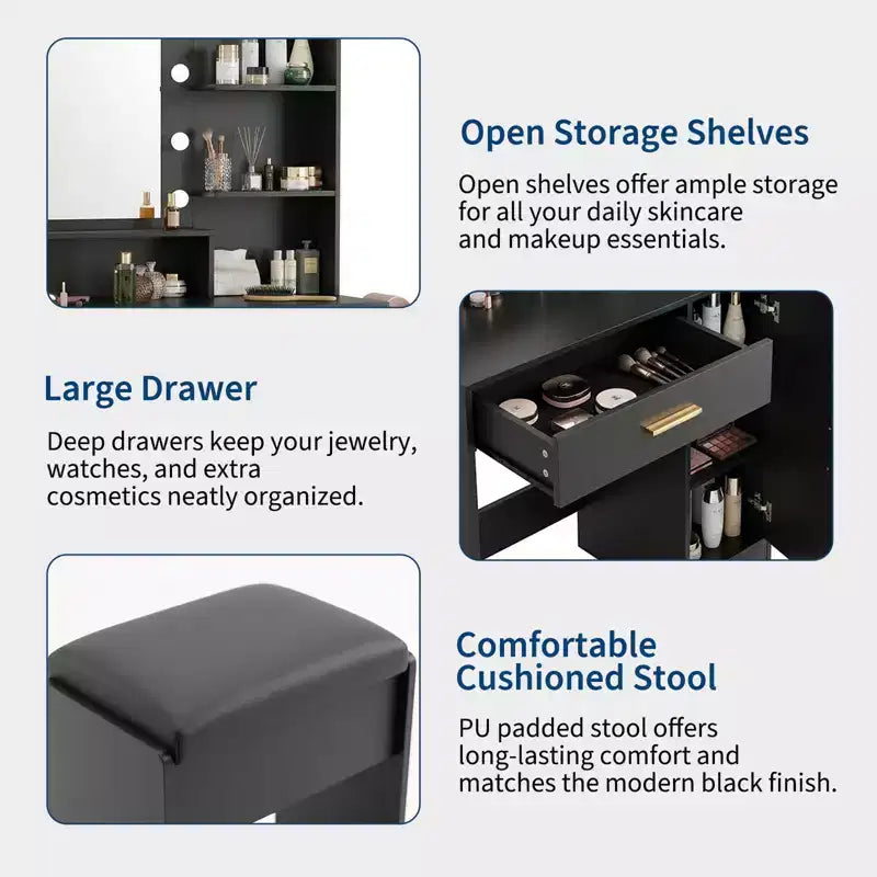 Toeletta con specchio, set tavolo da trucco con sgabello imbottito in PU, cassetto grande e armadietto e porta asciugacapelli, tavolo da trucco moderno per camera da letto