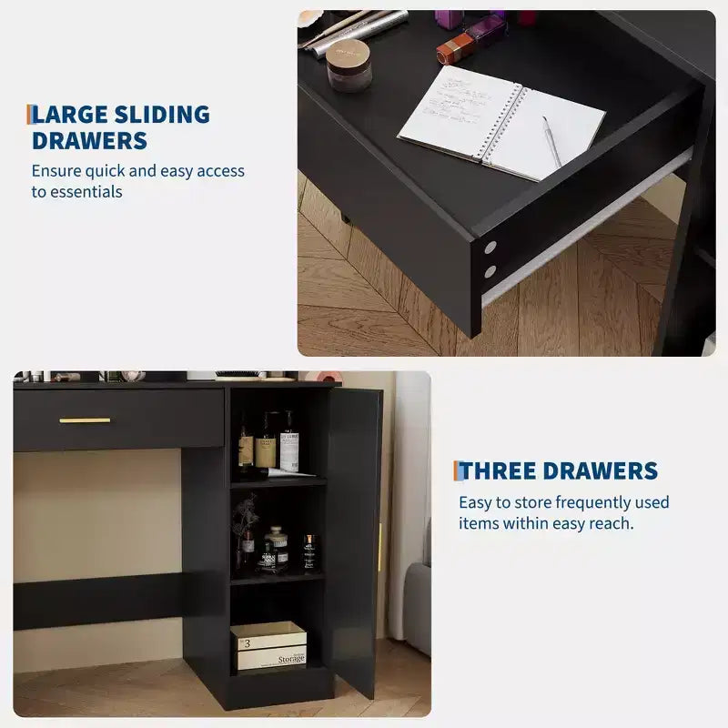 Toeletta con specchio, set tavolo da trucco con sgabello imbottito in PU, cassetto grande e armadietto e porta asciugacapelli, tavolo da trucco moderno per camera da letto