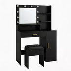 Toeletta con specchio, set tavolo da trucco con sgabello imbottito in PU, cassetto grande e armadietto e porta asciugacapelli, tavolo da trucco moderno per camera da letto