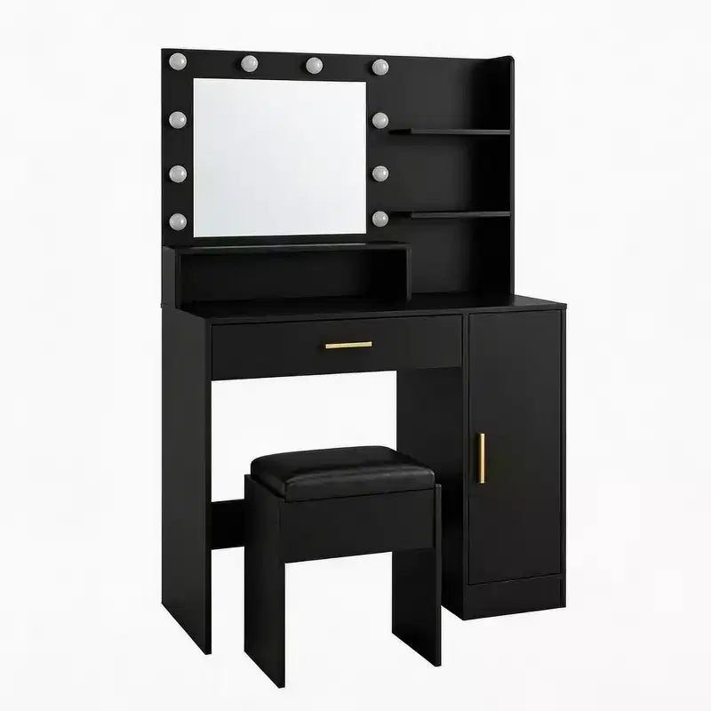 Toeletta con specchio, set tavolo da trucco con sgabello imbottito in PU, cassetto grande e armadietto e porta asciugacapelli, tavolo da trucco moderno per camera da letto