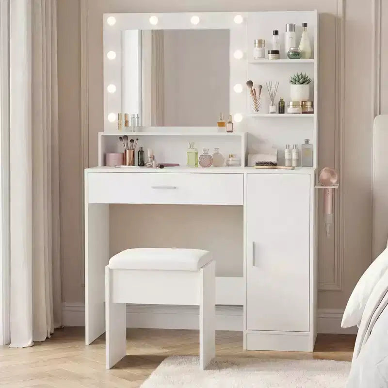 Toeletta con specchio, set tavolo da trucco con sgabello imbottito in PU, cassetto grande e armadietto e porta asciugacapelli, tavolo da trucco moderno per camera da letto