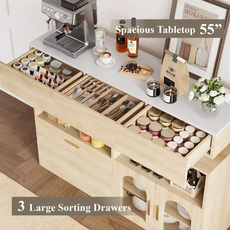 Mobile bar in legno, mobile da cucina con 3 cassetti e ripiano regolabile, credenza a buffet per sala da pranzo