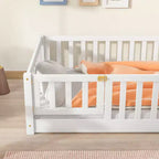 Letto a Pavimento Singolo con Recinzione e Porta – Letto Montessori per Bambini in Legno Massello di Gomma