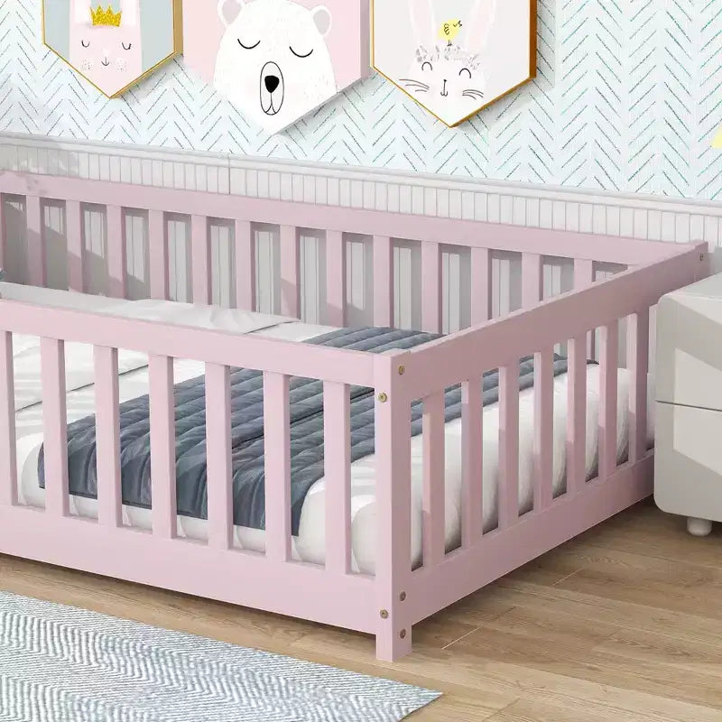 Letto a Pavimento Singolo con Recinzione e Porta – Letto Montessori per Bambini in Legno Massello di Gomma