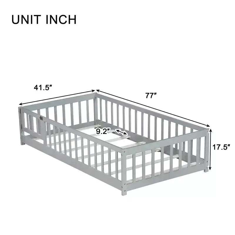 Letto a Pavimento Singolo con Recinzione e Porta – Letto Montessori per Bambini in Legno Massello di Gomma