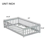 Letto a Pavimento Singolo con Recinzione e Porta – Letto Montessori per Bambini in Legno Massello di Gomma