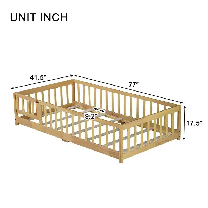 Letto a Pavimento Singolo con Recinzione e Porta – Letto Montessori per Bambini in Legno Massello di Gomma