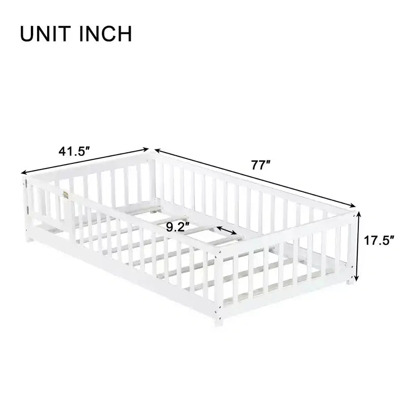 Letto a Pavimento Singolo con Recinzione e Porta – Letto Montessori per Bambini in Legno Massello di Gomma
