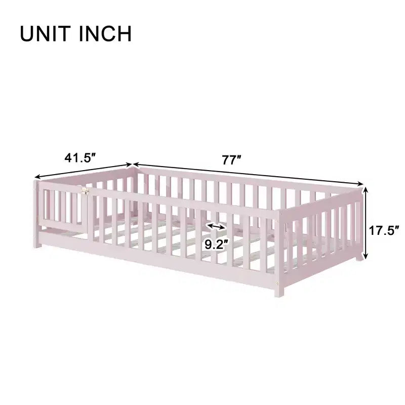 Letto a Pavimento Singolo con Recinzione e Porta – Letto Montessori per Bambini in Legno Massello di Gomma