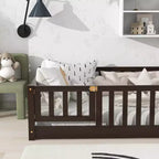 Letto a Pavimento Singolo con Recinzione e Porta – Letto Montessori per Bambini in Legno Massello di Gomma