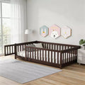 Sailvan Twin Floor Bed with Fence and Door,Solid Wood Kids Bed Frame for Toddlers