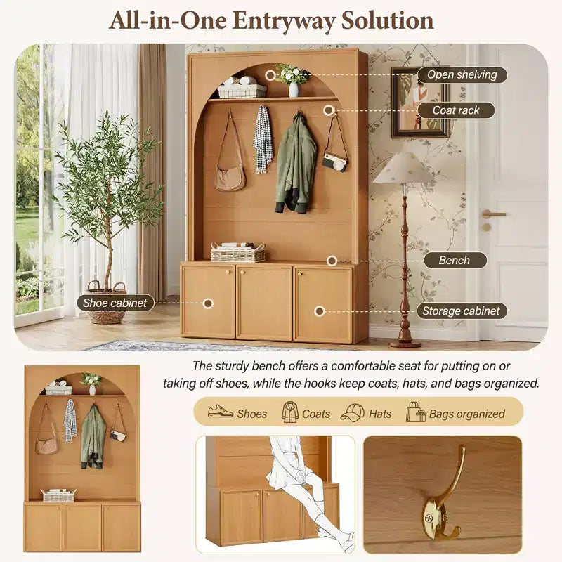 Panca da ingresso All-in-1 Hall Tree con appendiabiti, ganci e scarpiera