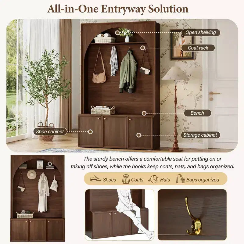 Panca da ingresso All-in-1 Hall Tree con appendiabiti, ganci e scarpiera