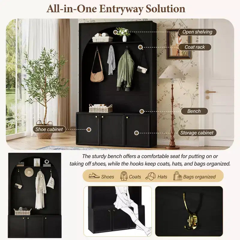 Panca da ingresso All-in-1 Hall Tree con appendiabiti, ganci e scarpiera