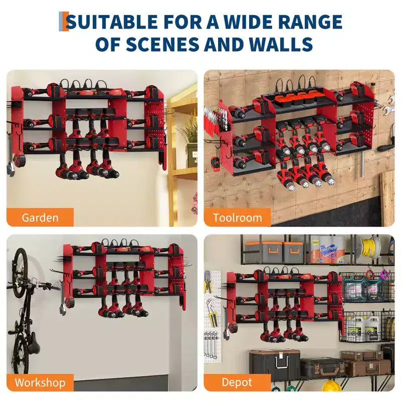 Scaffale porta attrezzi elettrici da parete a 4 livelli resistente da 180 kg, con 8 fessure per trapani, porta-cacciaviti, ripiano in metallo per garage e officina