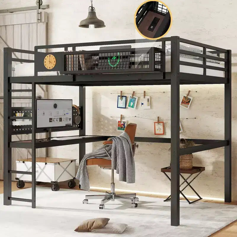 ModernLuxe Twin XL/Full Size Metal Loft Bed with Desk, Charging Port, Storage Basket & Clock, Black
