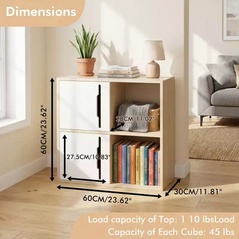 Mobile contenitore in legno a 2 ripiani con ante scorrevoli – Legno Naturale e Bianco