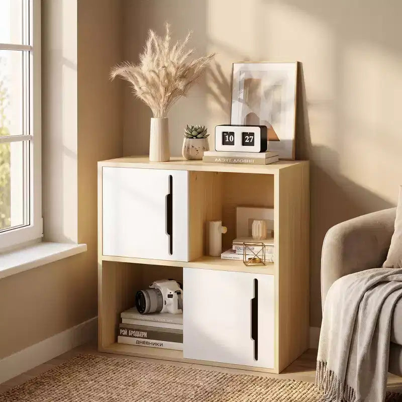 Mobile contenitore in legno a 2 ripiani con ante scorrevoli – Legno Naturale e Bianco