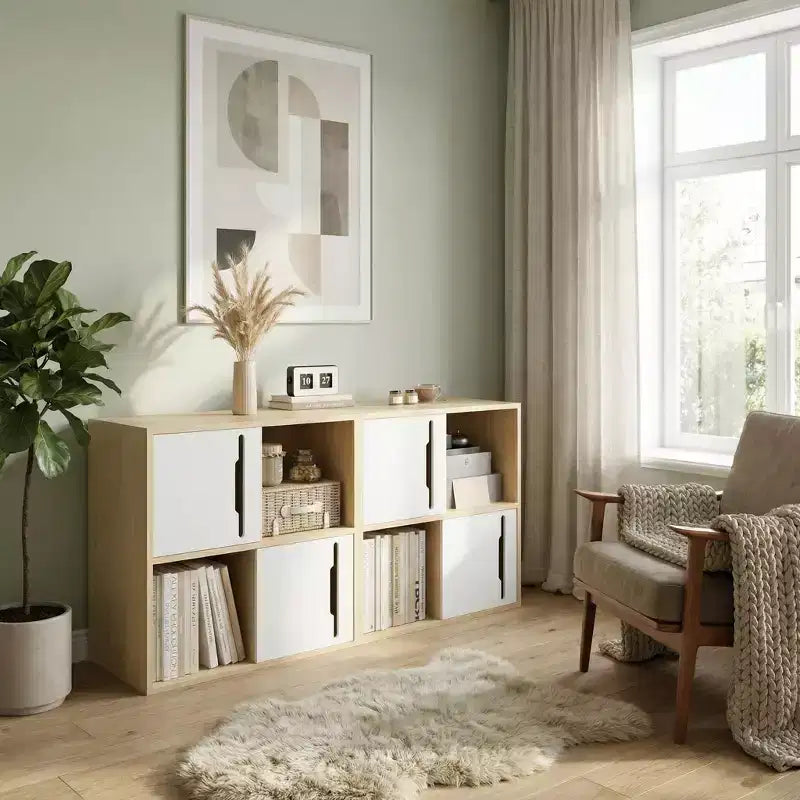 Mobile contenitore in legno a 2 ripiani con ante scorrevoli – Legno Naturale e Bianco