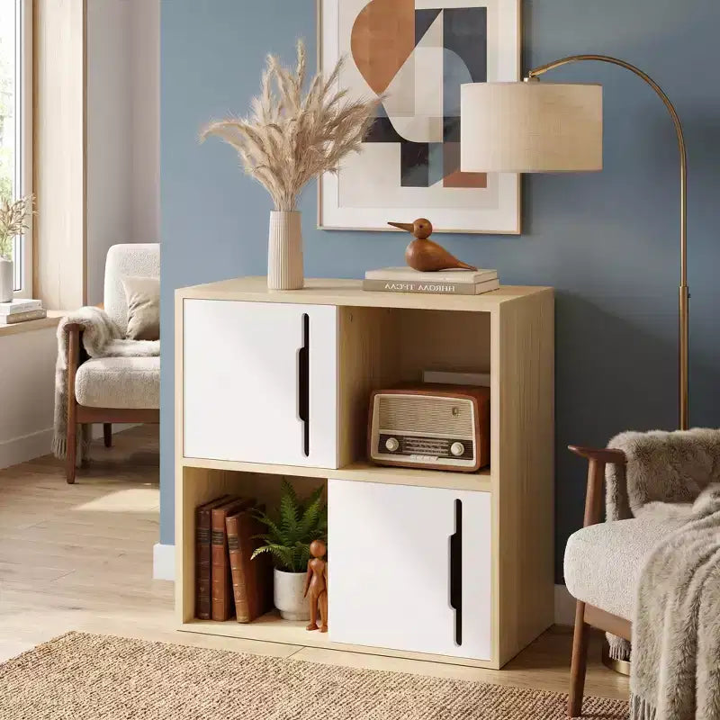 Mobile contenitore in legno a 2 ripiani con ante scorrevoli – Legno Naturale e Bianco