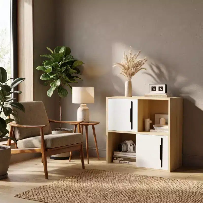 Mobile contenitore in legno a 2 ripiani con ante scorrevoli – Legno Naturale e Bianco