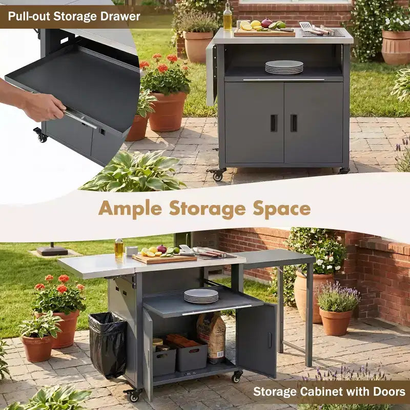 Carrello pieghevole da esterno per la preparazione del barbecue con piano in acciaio inossidabile