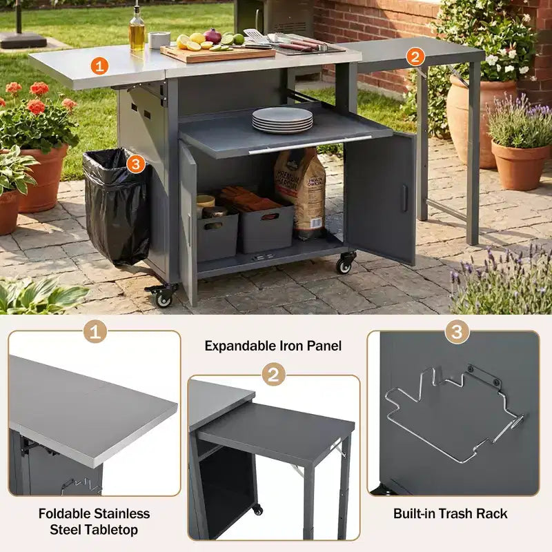 Carrello pieghevole da esterno per la preparazione del barbecue con piano in acciaio inossidabile