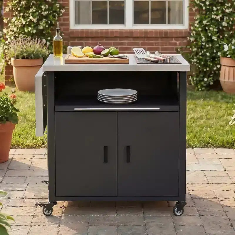 Carrello pieghevole da esterno per la preparazione del barbecue con piano in acciaio inossidabile