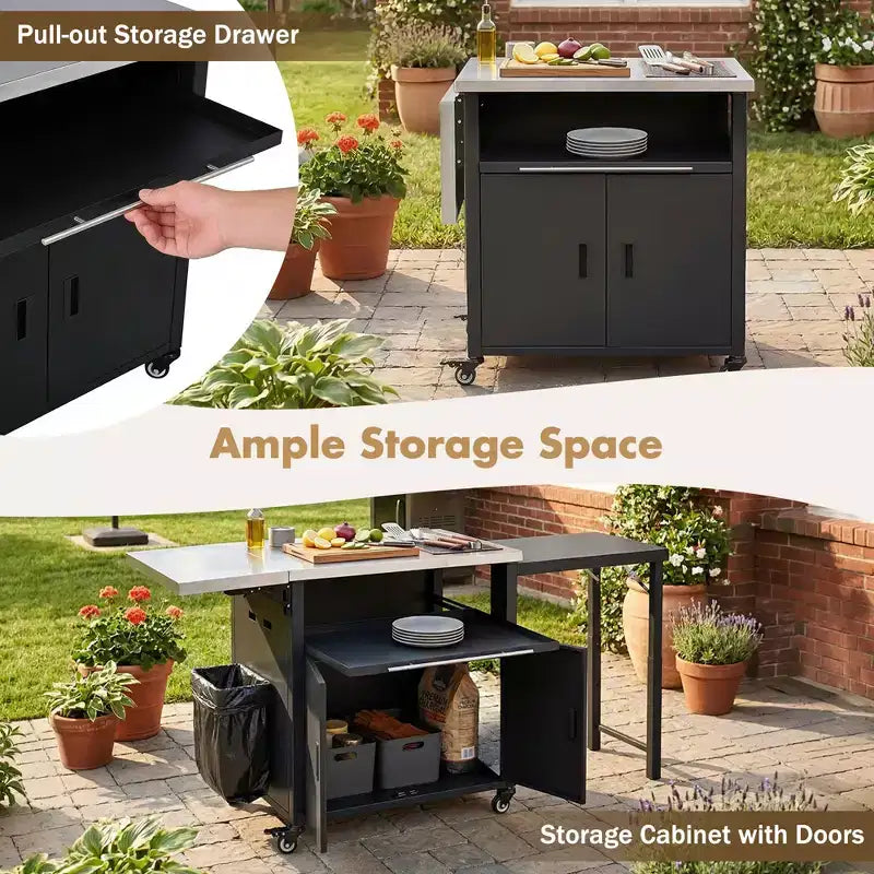 Carrello pieghevole da esterno per la preparazione del barbecue con piano in acciaio inossidabile
