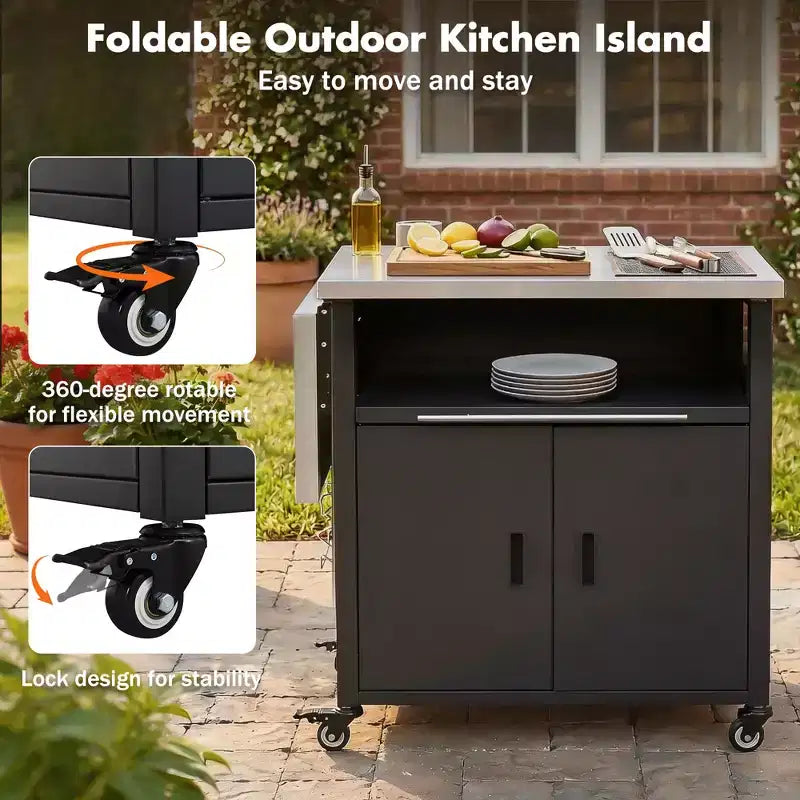 Carrello pieghevole da esterno per la preparazione del barbecue con piano in acciaio inossidabile