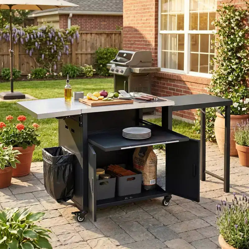 Carrello pieghevole da esterno per la preparazione del barbecue con piano in acciaio inossidabile