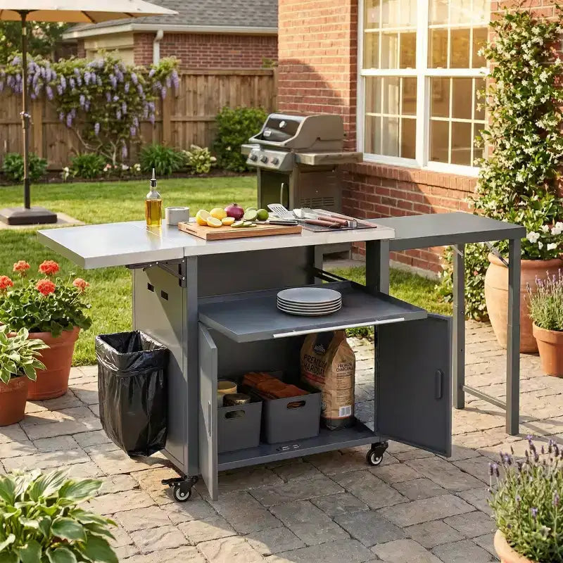 Carrello pieghevole da esterno per la preparazione del barbecue con piano in acciaio inossidabile