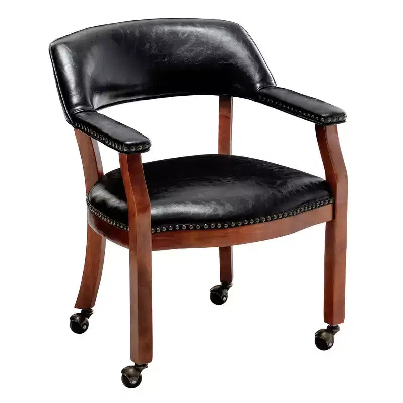 Poltrona in pelle vegana con ruote – Struttura in legno espresso e borchie decorative