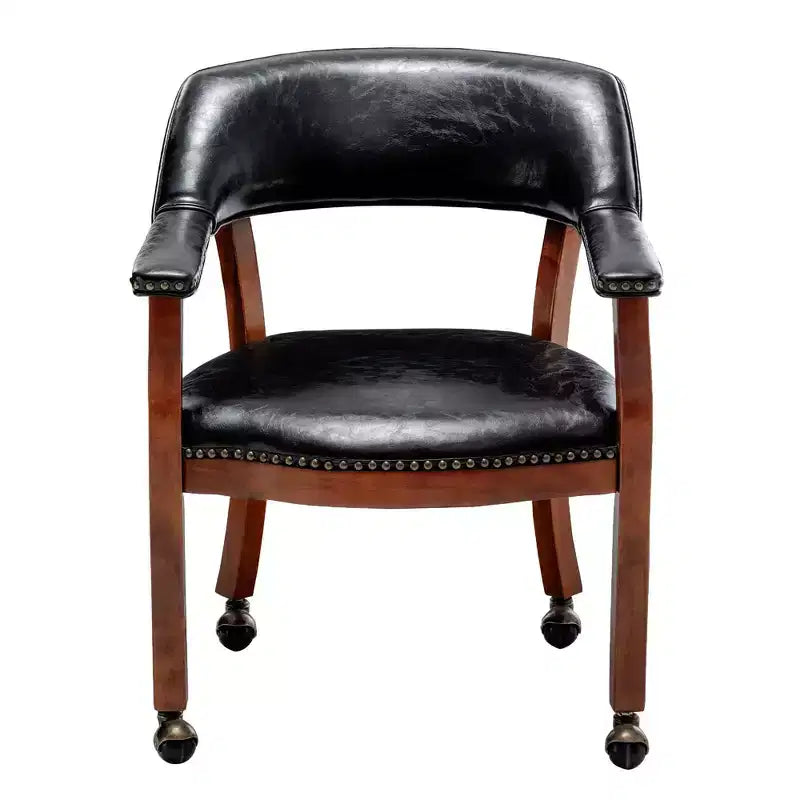 Poltrona in pelle vegana con ruote – Struttura in legno espresso e borchie decorative