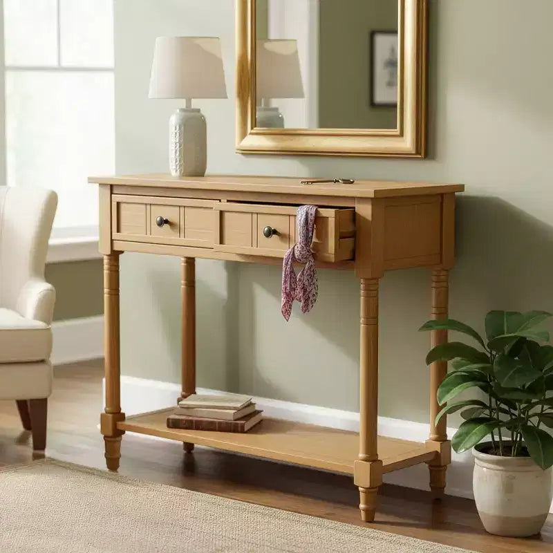 Tavolino da Caffè Ovale in Legno di Mango da 90 cm con Vano Contenitore Nascosto – Base a Scanalature