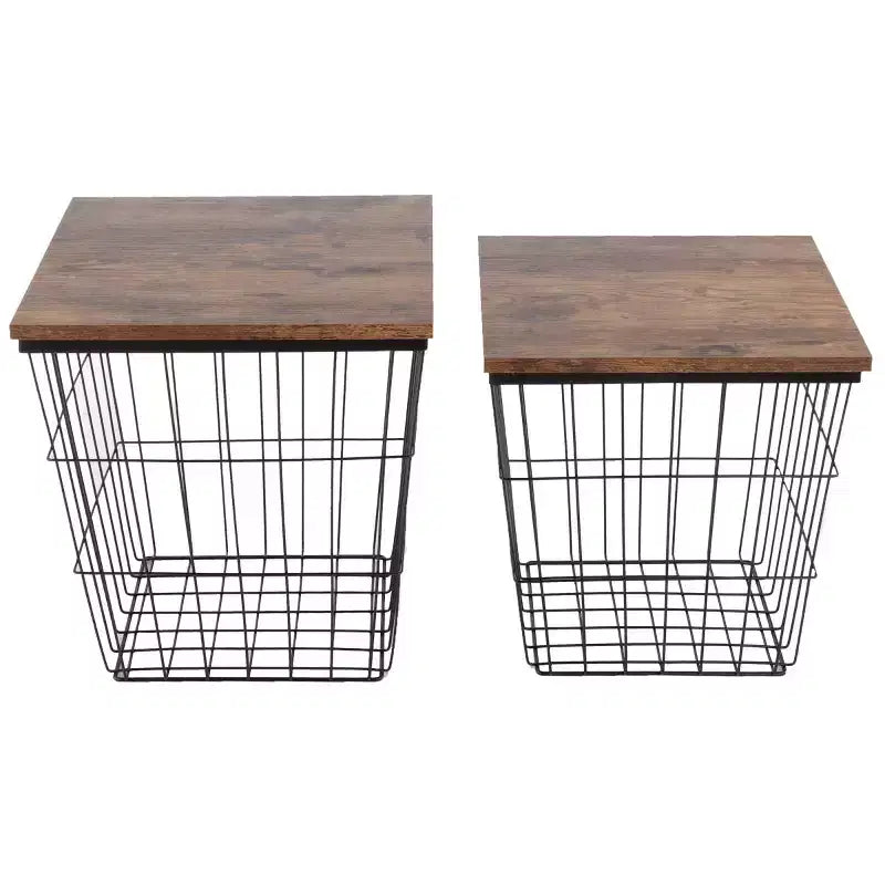 Tavolini nido in stile industriale-rustico, set da 2, con base a cestello in filo metallico