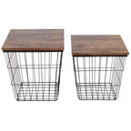 Tavolini nido in stile industriale-rustico, set da 2, con base a cestello in filo metallico