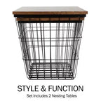 Tavolini nido in stile industriale-rustico, set da 2, con base a cestello in filo metallico
