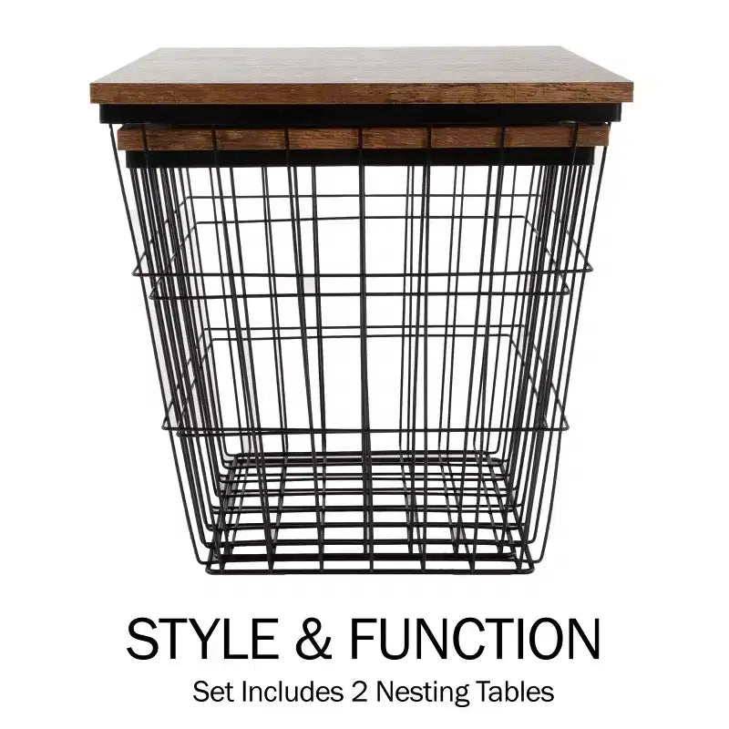 Tavolini nido in stile industriale-rustico, set da 2, con base a cestello in filo metallico