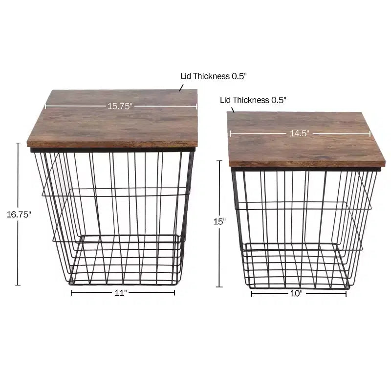 Tavolini nido in stile industriale-rustico, set da 2, con base a cestello in filo metallico