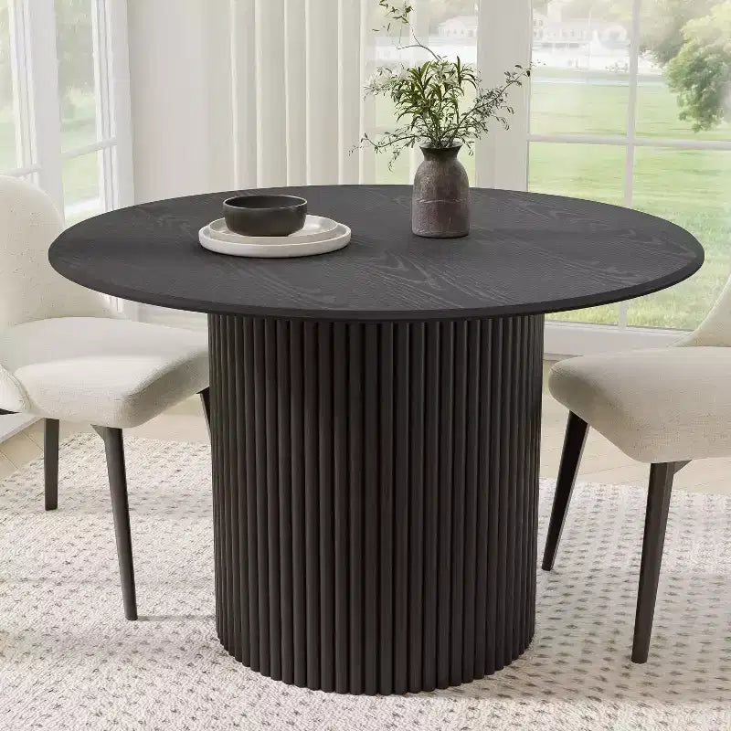 Tavolo da pranzo rotondo con piedistallo nero per 4 persone, legno di caucciù, 117 cm